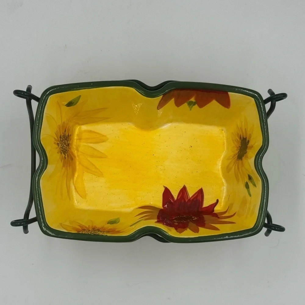 Temptations Sunflower Presentable Ovenware 1qt Casserole and Green Wire Basket